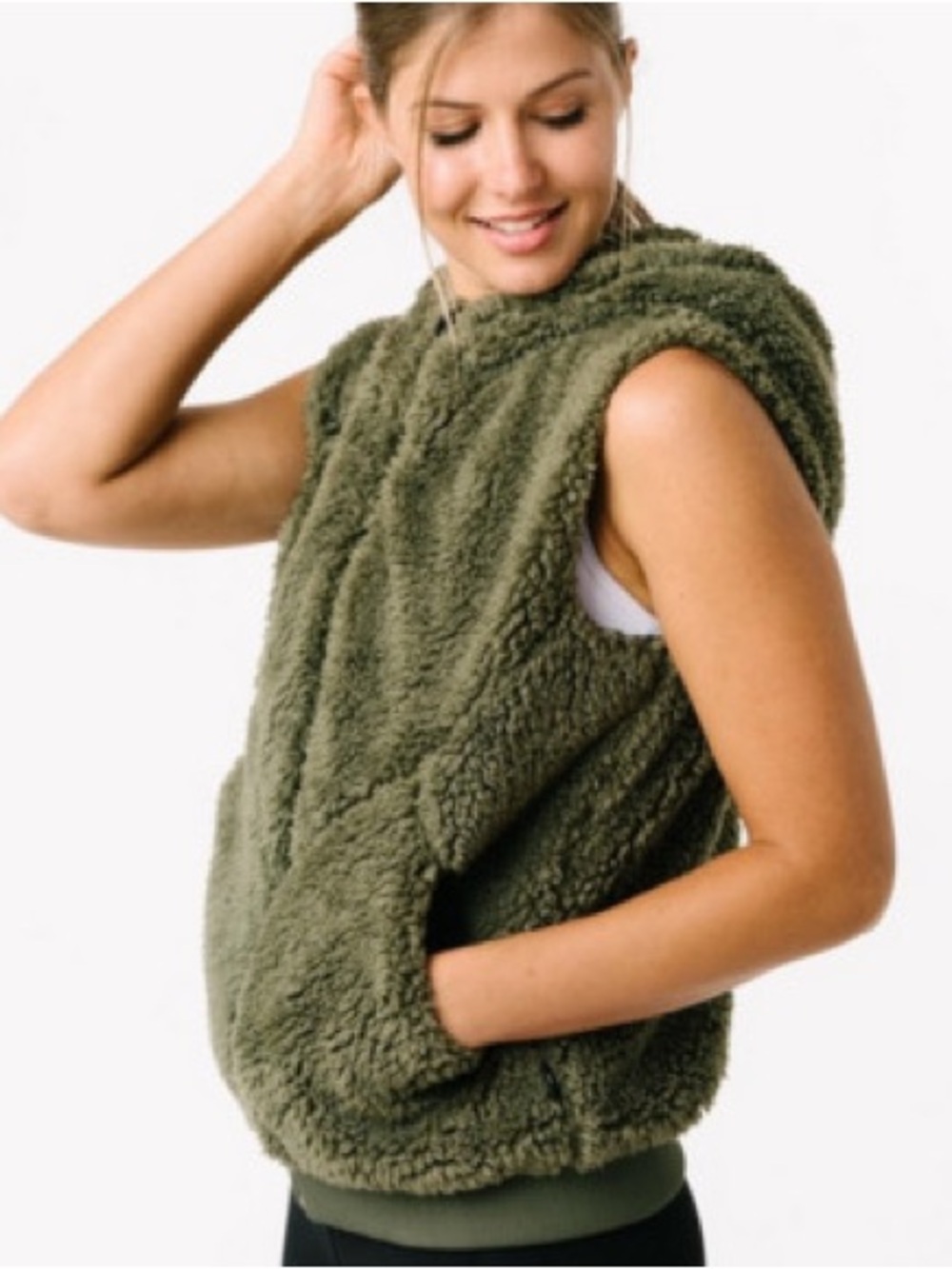 Zyia Active Women’s Cozy Hooded Sherpa Vest in Olive